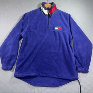 Tommy Hilfiger Fleece Pullover Mens Small Blue Quarter Zip Flag Logo Sweater